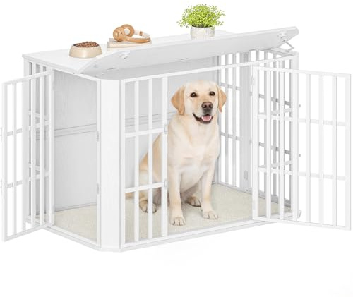 Hzuaneri Hundekäfig Möbel, Hundebox Möbel, Mehrtür-Design, Weiß | Hundebox aus Holz für den Innenbereich mit Futtertür Oben, Großer Hundekäfig-Beistelltisch, 120 x 75 x 81 cm, DFC86813W