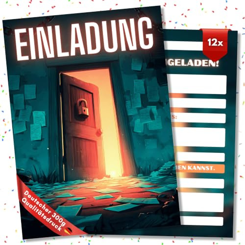 HIDEBLOOM Escape Room Einladungskarten Jungen und Mädchen - 12 Karten - DIN A6 (10,5 cm x 14,8 cm) - Einladungskarten für Jugendliche, Erwachsene und Kinder I Rätsel Abenteuer Motiv