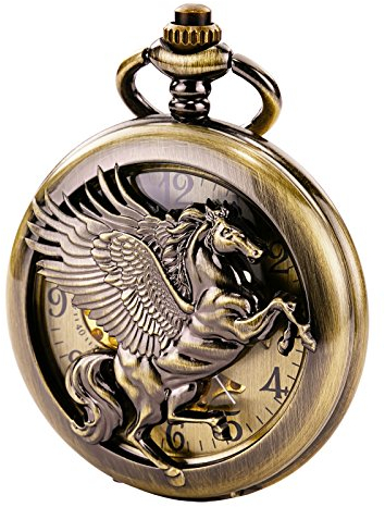 TREEWETO Unisex Taschenuhr mit Kette Analog Handaufzug Retro Pegasos Geflügeltes Pferd Bronze