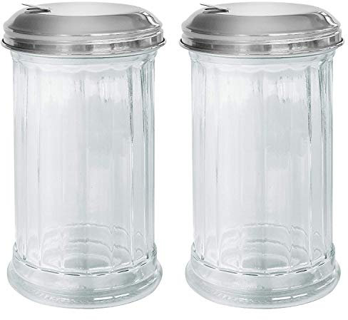 Lucenté Set of 2 Sugar Dispensers - Stylish Retro Glass & Stainless Steel Pourers with Functional Flip Top Opening - 13.5cm (H) x 7.5cm (W) - Suitable for Domestic & Commercial Settings.