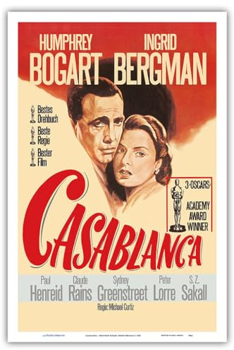 Pacifica Island Art - Casablanca - mit Humphrey Bogart, Ingrid Bergman - Retro Film Plakat c.1942 - Kunstdruck 31 x 46 cm