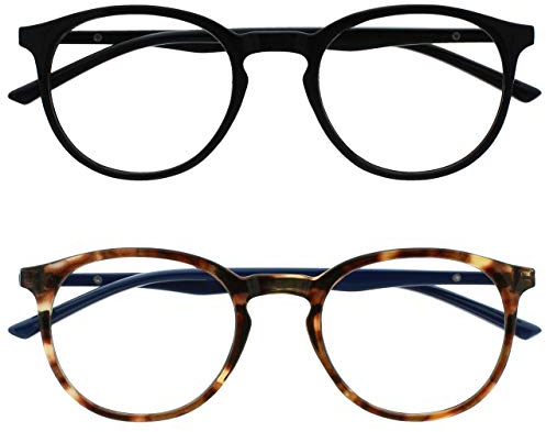 OPULIZE Met - Lesebrille Blaulichtfilter 2er Pack Schlank Runder Rahmen Federscharniere Verbessert Schlaf Computer Gaming Entspiegelt Schwarz Braun Herren Damen BB60-12 +1.00