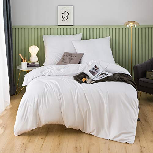 MOHAP 120 Fils/cm² Housse de Couette 220x240 cm Blanc avec Taies d'Oreillers 65x65x2cm Parure de Lit 2 Personnes avec Fermeture Eclaire