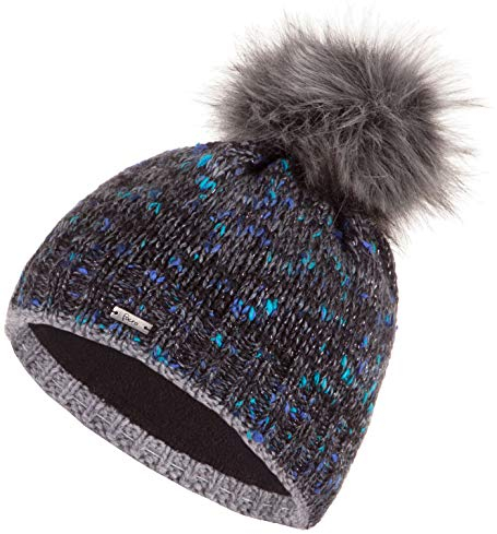 Faera Mütze Damen Wintermütze warm gefüttert mit Kunstfell Bommel-Mütze Fleecefutter Winter Strickmütze Beanie 63, Farbe:Schwarz