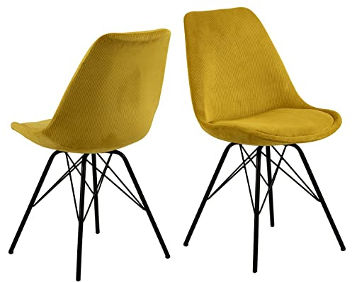 AC Design Furniture Emanuel Cord-Esszimmerstuhl mit Rückenlehne 2er Set, Gepolsterter Esszimmerstuhl, Organische Form, Gelb, Gepolsterter Stoffsitz mit Schwarzen Metallbeinen, Perfektes Küchenset