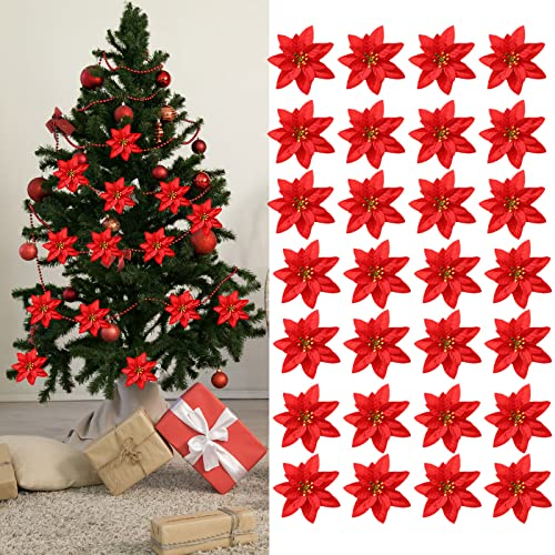 HUIKJI 50 Stück Weihnachtsblumen, Weihnachtsstern, künstliche Seidenblumen für Weihnachtsbaum, Kränze, Hochzeitsdekoration, Rot