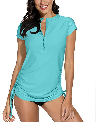 BesserBay Damen Schwimmen Bademode Rash Guard UV Shirts Kurzarm Schwimmshirt UPF 50+, Aqua, Gr.- 44 EU/ 2XL