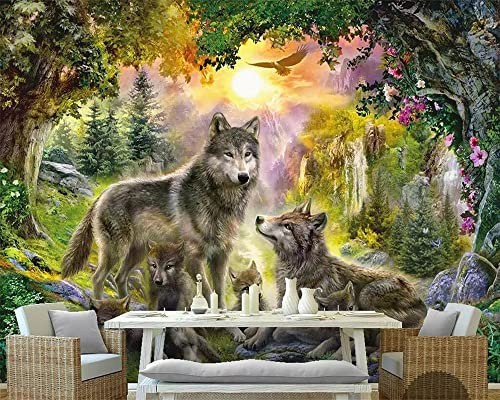 XTSWallpaper Auto Adhésif Stickers 3D Muraux - 400X280Cm Vert Arbres Loup - Papier Peint Murales Panoramique 3D Papier Peint Personnalisé Photo Murale Cafe Tv Fond Peinture Murale
