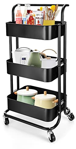 TNAVY 3 Tier Rolling Trolley with Handle, Metal Utility Cart on Wheels, Storage Organizer for Kitchen Laundry Bathroom and Office (Black)