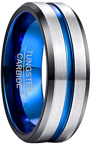 Phyonio Herren/Damen Silber Gebürstetem Ring 8mm Eheringe Trauringe Hochzeitsringe Verlobungsringe Unisex Wolfram Ring mit Blau Groove Größe 65(20,7)