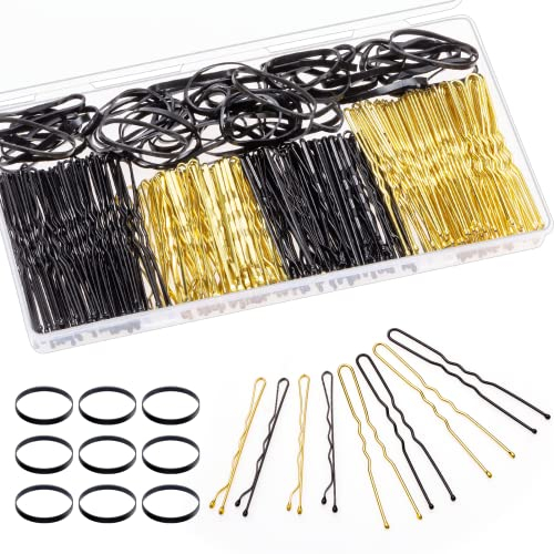 300 piezas Kit de Horquillas y bandas para el pelo, 100 Horquillas en forma de U, 100 Horquillas y 100 Gomas para el pelo con Caja de Almacenamiento para Niñas y Mujeres (Dorado y Negro)