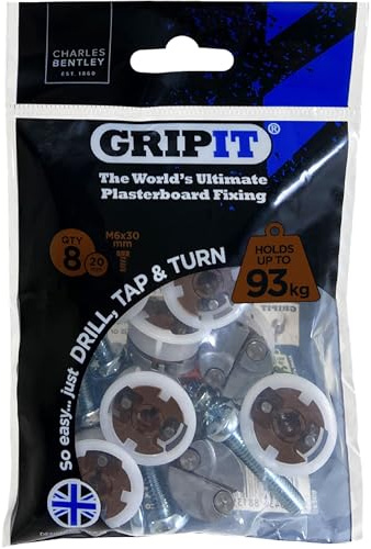 Gripit Brown Plasterboard Fixings - Pack of 8 - Heavy Duty Stud Wall fixings - Plasterboard Anchors - Ideal for Radiators, AV Equipment and Lighting - Easy Install - Holds Up to 93kg - UK Designed