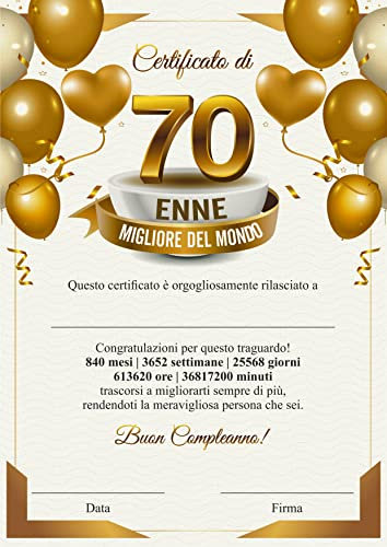 GHIBLI Certificato miglior 70 ENNE del mondo - Attestato Diploma idea regalo originale 70 anni di compleanno - Biglietto auguri compleanno 70 anni uomo donna