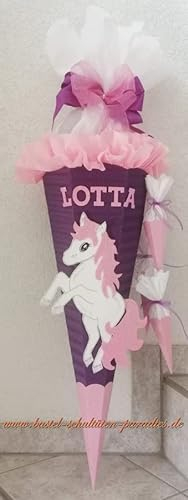 bastel-schultüten-paradies Schultüten Bastelset Einhorn Pony lila-rosa-weiß-Glitter mit 3 kleinen Tüten zum Anhängen MaterialType Schultütenzuschnitt 400g Karton