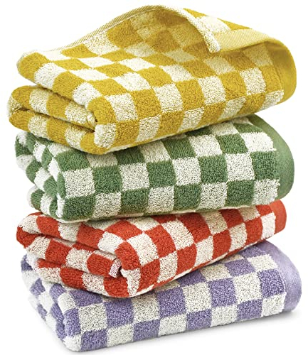 Handtücher für Badezimmer, 4er-Pack, Baumwoll-Gesichtstücher, weich, saugfähig, für Spa, Bad, Fitnessstudio, Herbsthandtücher, dekoratives Schachbrett, 33 x 73 cm, 4 Farben