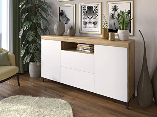 lukmebel Yoshi II Kommode Zwei Push-Open-Schränke Praktisch Minimalistisch Extrem Geräumig 16 mm Laminierte Platte PVC 9 cm Beine Wotan Eiche & Weiß