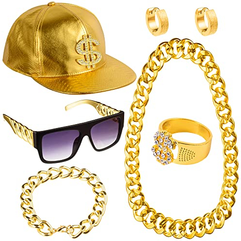 Peirich 80er Jahre 90er Jahre Kostüme Outfit für Männer Frauen, Hip Hop Kostüm Kit Metall Kette Flat Top Sonnenbrille Rapper Große Kette Halskette und Armband Hip Hop Gold Cap