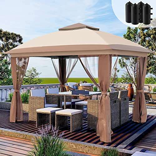 UDPATIO Pop Up Gazebo with sides 3m x 3m and Mosquito Netting, canopy outdoor heavy duty with sand bags, Anti-UV,waterproof for garden, Lawn Beige/Brown