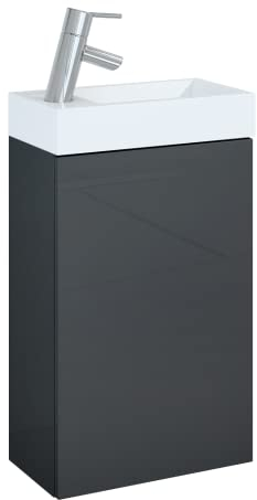VBChome Badmöbel Set 40 cm Weiß Waschbecken mit Anthrazit Hängeschrank Waschtisch 1-Türen Push to Open-System Modern Elegant
