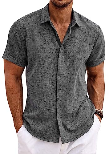 COOFANDY Men's Linen Shirts Short Sleeve Casual Button Down Shirt for Men Work Shirts Dark Grey