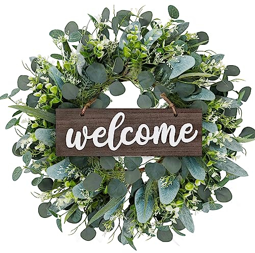 Welcome Corona de Eucalipto Artificial Verde 55cm Corona Redonda con Placas de Bienvenida de Madera Hojas Verdes Decoración de Pared Accesorios de Verano para Puerta de Casa Boda (Marrón)
