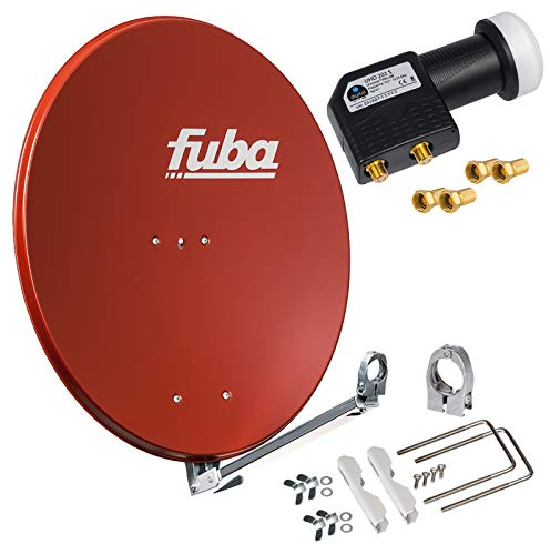 HB-DIGITAL hb-digita & Fuba 80cm Satellitenantenne DAL 800R rot Aluminium Schüssel Reflektor Spiegel Klapparm Twin LNB 2 Teilnehmer UHD schwarz + vergoldete F-Stecker