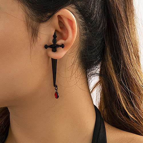 Clataly Gothic Ohrringe Langes Schwert Rotes Wasser Tropfen Ohrringe Kreuz Dolch Schraube Zurück Ohrring Clip Jugend Ohrringe (Einzelohrringe) (Schwarz)