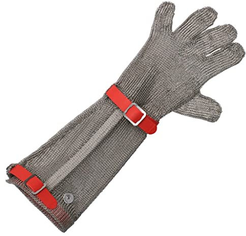 Samnuerly Schnittschutzhandschuhe aus Metall, schnittfeste Handschuhe für Köche, Metzger, Sicherheitsarbeit, Kettenhemdhandschuhe, Armschutzhandschuhe mit Kunststoff-Handgelenkbändern (Farbe: Armläng
