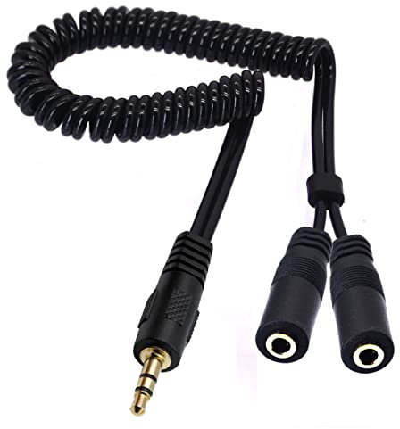 Headphone Splitter, Coiled 3.5mm Extension Cable, Spring 3.5mm Stereo Male to 2 Female Y Splitter Audio Cable for MP3 Players, CD Players, Laptops, Tablets(Not microphone) (1 Male To 2 Female)