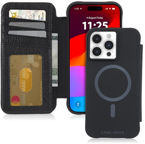 Case-Mate Wallet Echtleder Bookcase kompatibel mit Apple iPhone 15 Pro Max Hülle Leder (3 m Fallschutz, Integrierter Mag-Safe-Ring, inkl. Geld- und Kartenfächer, Handgefertigtes Leder) - Schwarz