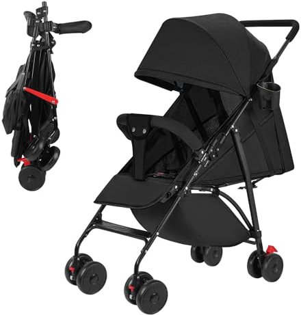 Sinbide Pousstte Bébé Poussette Canne Poussette Compacte Poussette Pliable et Inclinable Roues Maniables et Légères Dossier Réglable Matériau Anti-UV Avec pochette de rangement Cadeau pour bébé, Noir