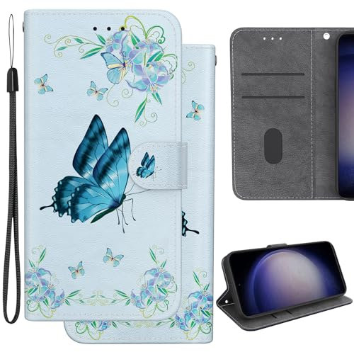 Ammeer Coque pour LG V40 ThinQ, PU Cuir Flip Housse Étui Rabat Cover Case Portefeuille Support avec Porte-Cartes Pochettes Fermoir Magnétique - Papillon Bleu