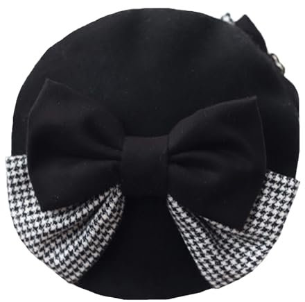 HIMI HIMIFASHION Frauen Vintage Französisch Wolle Barett Hut Lolita Süße Schleife Perle Einfarbig Mode Elegante Winter Beanie Hüte Schwarz, Schwarz , Einheitsgröße