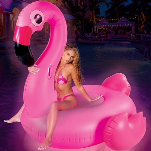 Floatey Großer rosa Flamingo-Pool-Schwimmer mit Lichtern – 165 cm, RGB-Solarbetriebene Flamingo-Schwimmkörper für Pool, LED-Pool-Schwimmer mit Griffen und Getränkehalter, schnelle Ventile, beleuchtet