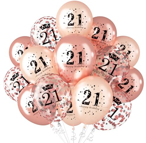 21st Birthday Balloons Decorations for Her, Rose Gold 21st Theme Party Decor, Chrome Rose Gold Latex Balloon and Confetti Balloon, Happy 21st Birthday Party Anniversary Supplies for Girls Women
