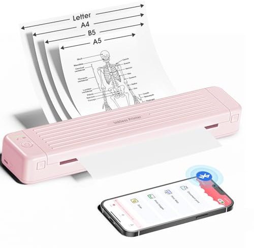 PokeLabel Imprimante Portable A4, Imprimante Thermique Papier Ordinaire, 300 DPI Imprimante Bluetooth Compacte Compatible avec iPhone Android, Imprimante sans Encre pour Papier A4/Letter/B5/A5, Rose