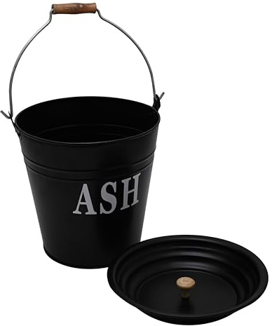 SWL 12L Black Ash Bucket with Lid & Wooden Handle | Galvanised Steel Coal Fire Bucket | Fireplace Ash Container for Wood, Pellets & Coal | Durable Black Powder Coated Storage Bin