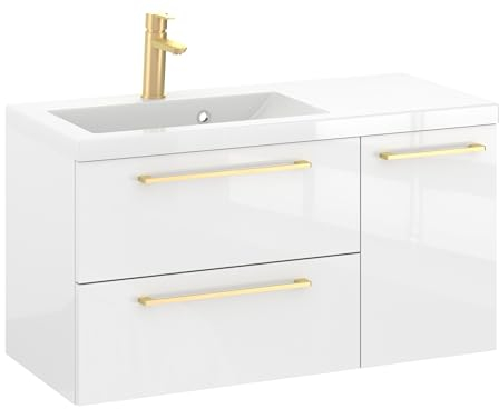 Furni Rosen 90 cm Hängend Waschbecken mit Unterschrank und Eleganten Goldenen Griffen Waschbeckenunterschrank Badezimmer Waschtisch mit Unterschrank Waschtischunterschrank