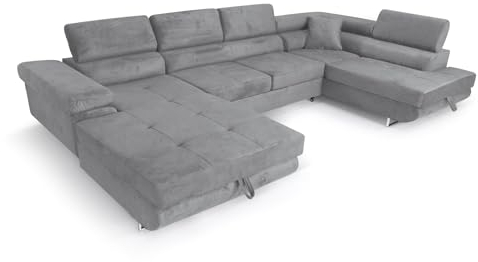 SOFILAND Ecksofa Aller U XXL-Ecksofa mit Schlaffunktion und Zwei Bettkästen in Grau, rechte Seite (Hellgrau)