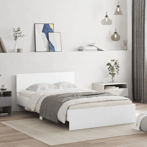 vidaXL Double Bed Frame with Headboard - Engineered Wood White Home Base Bedstead for Bedroom, 135x190 cm Mattress Size, Modern Design, Plywood Slats