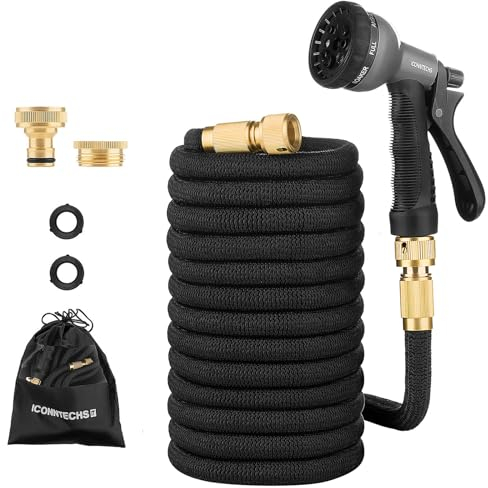 Tubo da Giardino Estensibile 30M, Raccordi in Ottone massiccio Tubo Flessibile per acqua con 8 Funzioni di Spruzzo, Espandibile Tubo per autolavaggio by ICONNTECHS