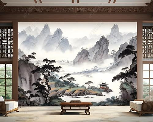 Fototapete Berge Flüsse Kiefern Wolken Und Nebel Tuschemalerei 350X256 Cm Vlies Tapeten Xxl Moderne Wandtapete Wohnzimmer Schlafzimmer