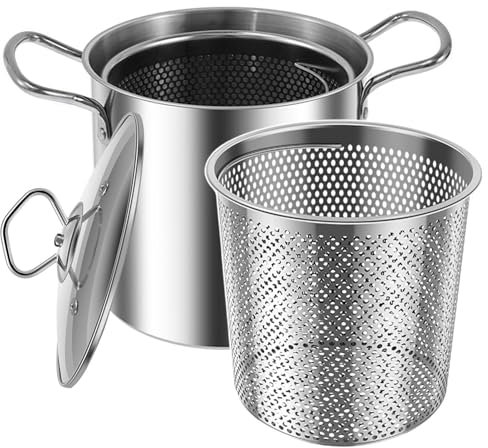 Pentola Con Cestello - Pentola Per Friggitrice In Acciaio Inossidabile Di Grande Capacità Da 3,5 Litri | Pentola Per Friggere Con Coperchio | Pentola Da Cucina Multifunzionale Per Casa, Cucina