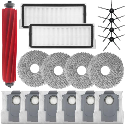 HomeTimes Replacement Parts for Roborock Qrevo S Robot Vacuum Cleaner Accessories with 2 Rubber Brushes, 2 HEPA Filters, 4 Side Brushes, 4 Dust Bags, 6 Mop Pads, 18 Pieces