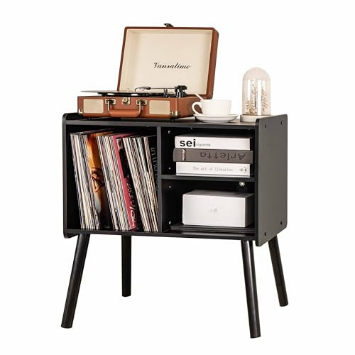 Plattenspielerständer aus Holz – Mid-Century Plattenspielertisch mit Stauraum, fasst bis zu 150 Alben, Vinyl-Schallplattenschrank mit verstellbaren Regalen – ideal für Wohn- und Schlafzimmer (Schwarz)