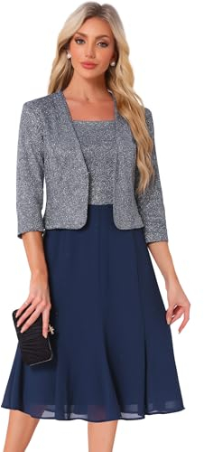 Allegra K Damen Kleid Anzug Sets 2-Teilig Kontrast A-Linie Fließende Kleide Pailletten Jacke Dunkelblau M