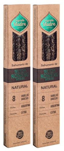 Sagrada Madre - Pack de 2: Incienso Natural de Ruda y Romero (8 Varillas Gruesas de Duración Extra) | Sahumerio Artesano Ecológico y Vegano Hecho a Mano.