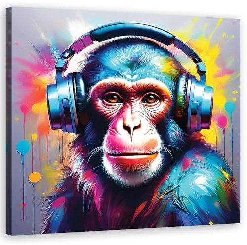 Feeby Wandbild - Wohnzimmer Modern Deko - Bunte Affe DJ Pop Art - 50x50 1tlg - Bilder Leinwand - Bild auf Leinwand Schlafzimmer - Leinwandbilder für die Wand - Canvas Painting - Fotokunst