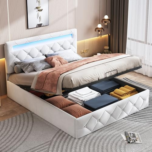 Doppelbett 160x200 cm, Polsterbett mit LED-Licht und USB-Ladefunktion Kopfteil, Bett mit Stauraum, Stauraumbett mit Hydraulische Metallbettgestell und Lattenrost aus Holz, Weiß, Ohne Matratze
