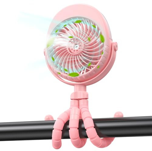 GRANDFAST Ventilateur brumisateur pour poussette, 4000 mAh, fonctionne à piles, avec pivot à 360°, ventilateur personnel avec trépied flexible pour bureau, wagon, berceau, voiture, tapis de course